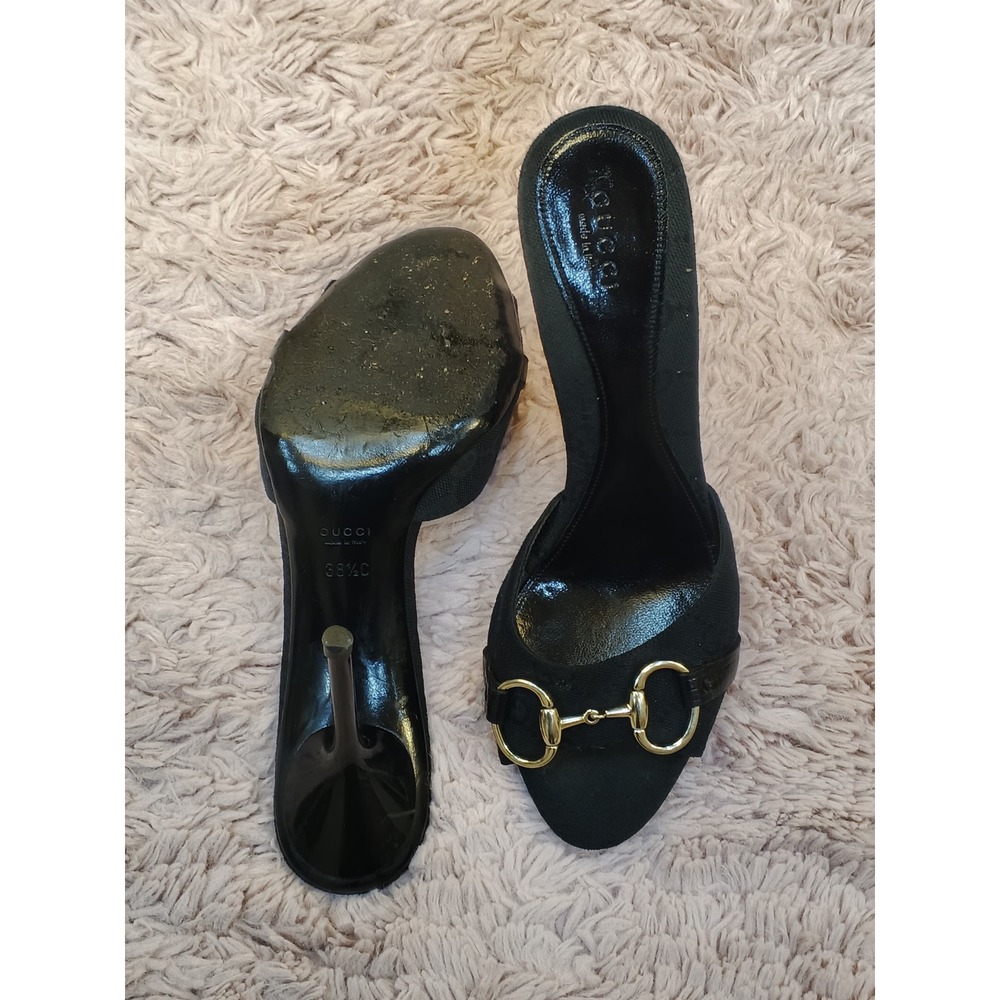 Gucci Horsebit GG Monogram Canvas Mules Black Stiletto Sandals 138703 Size 38.5 - Picture 6 of 11